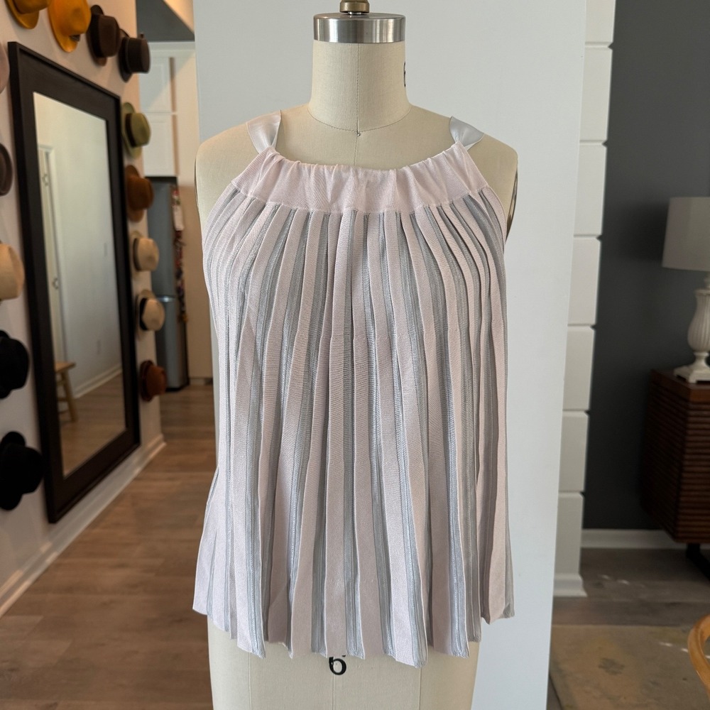 NWT Emporio Armani Knit Tank Top Silver Gray & Pink Striped Pleated Halter Blous - Picture 2 of 8